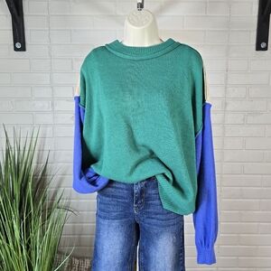 She and Sky Colorblock Green and Blue Drop Shoulder Sweater Oversized Medium